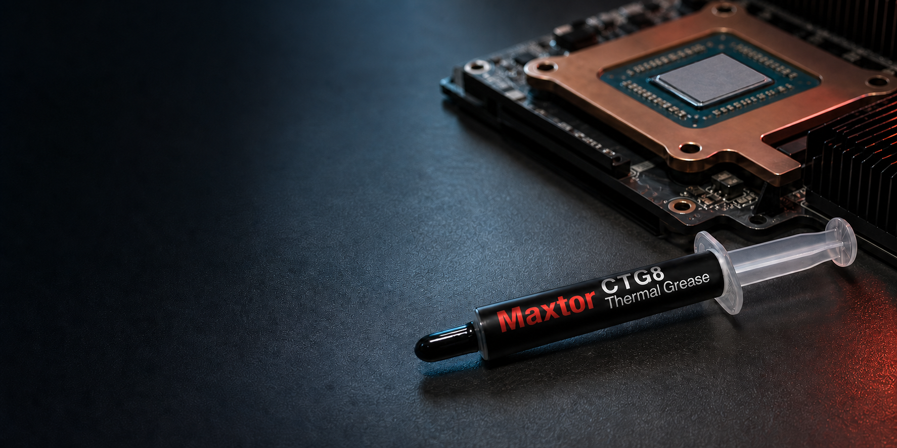 Maxtor CTG8 thermal grease beside a processor thermal interface and copper cooling plate