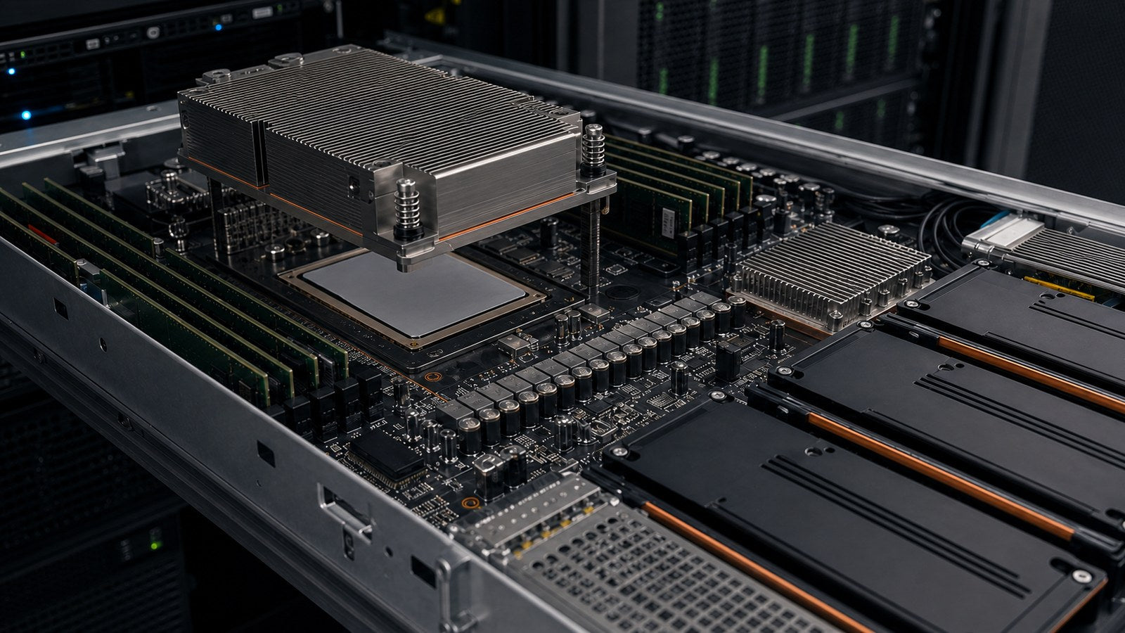 Conceptual AI server showing processor, memory, power and accelerator thermal interface locations