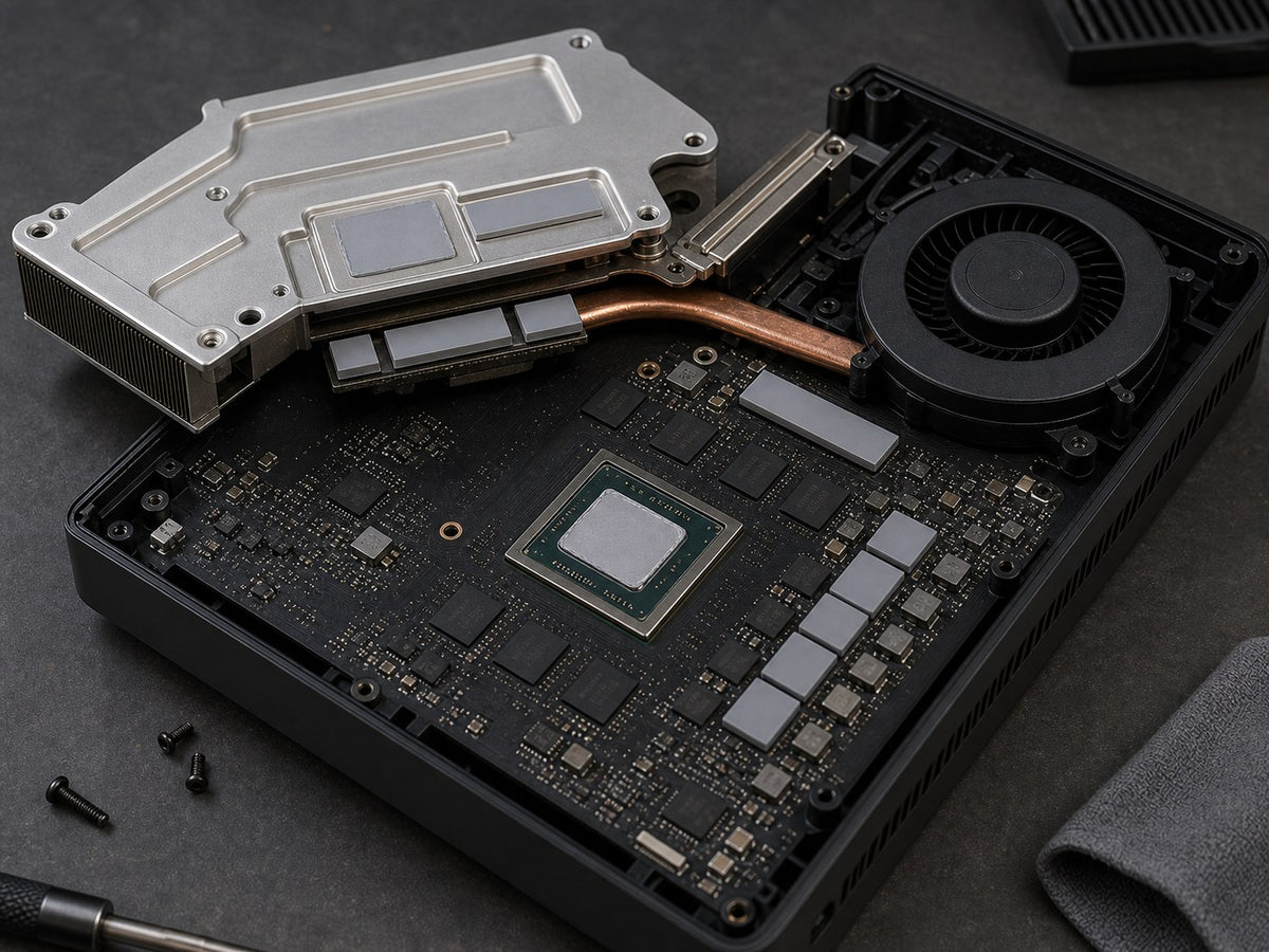 Conceptual home game console showing the processor, heatsink and component gap interfaces