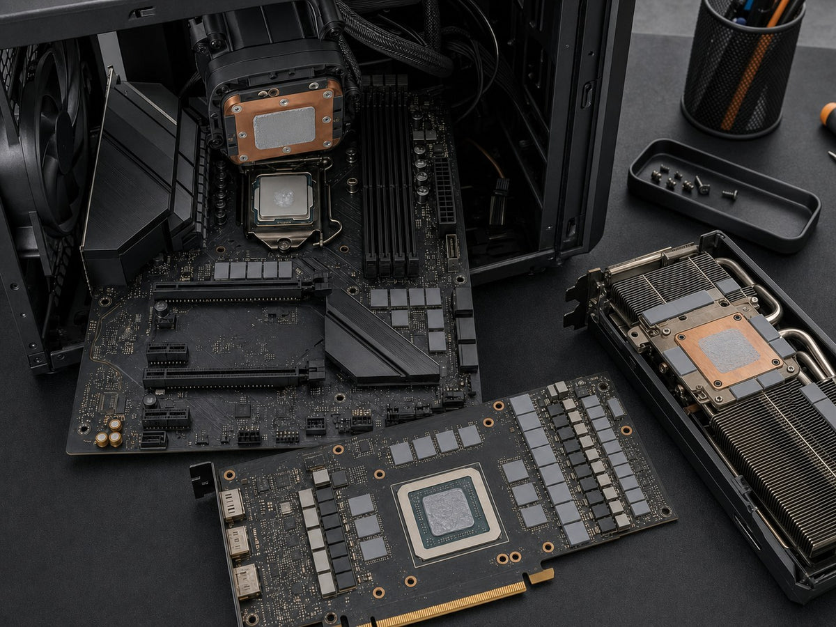 Conceptual DIY PC service scene showing CPU, GPU, VRAM and VRM thermal interfaces