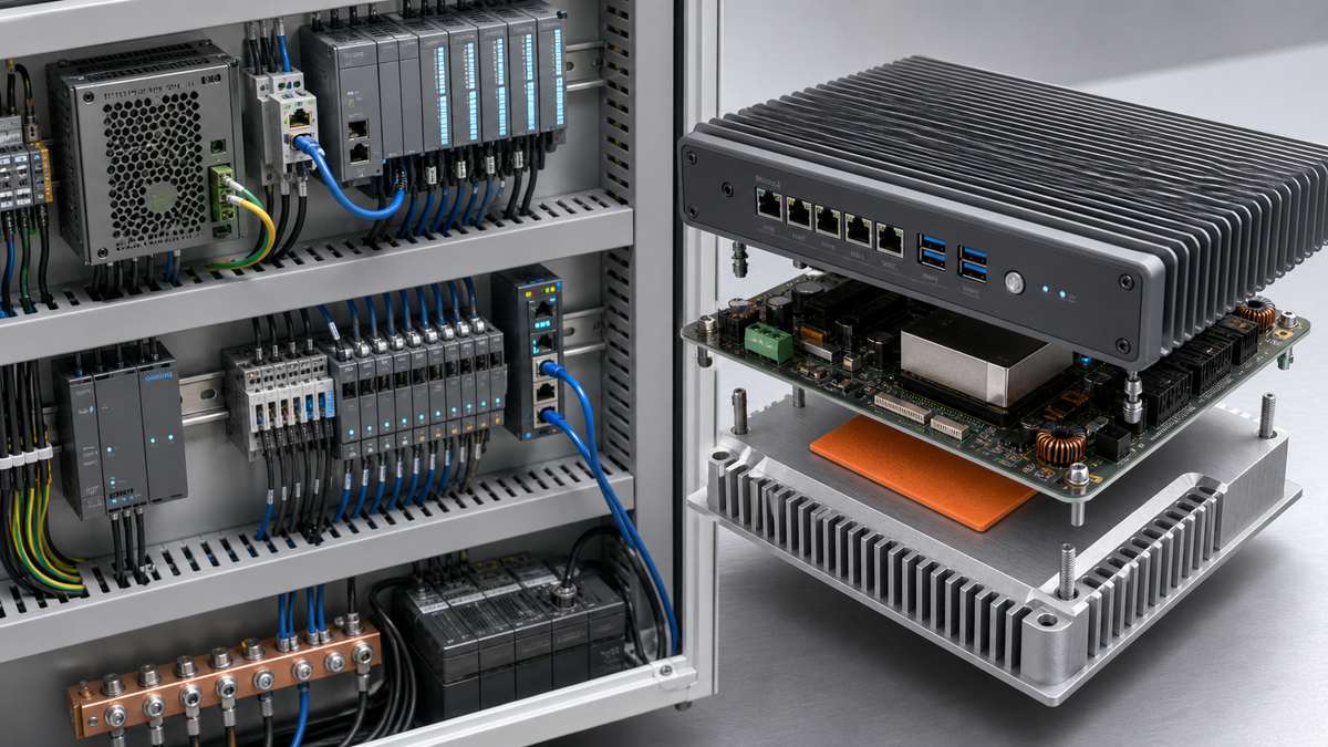 Conceptual industrial control cabinet and fanless computer with a component-to-enclosure thermal interface