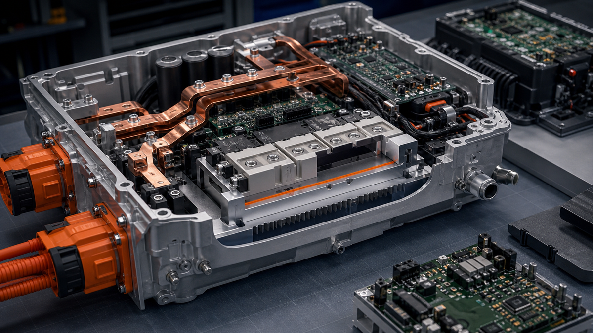 Conceptual power electronics assembly showing module, cold plate and control board interfaces