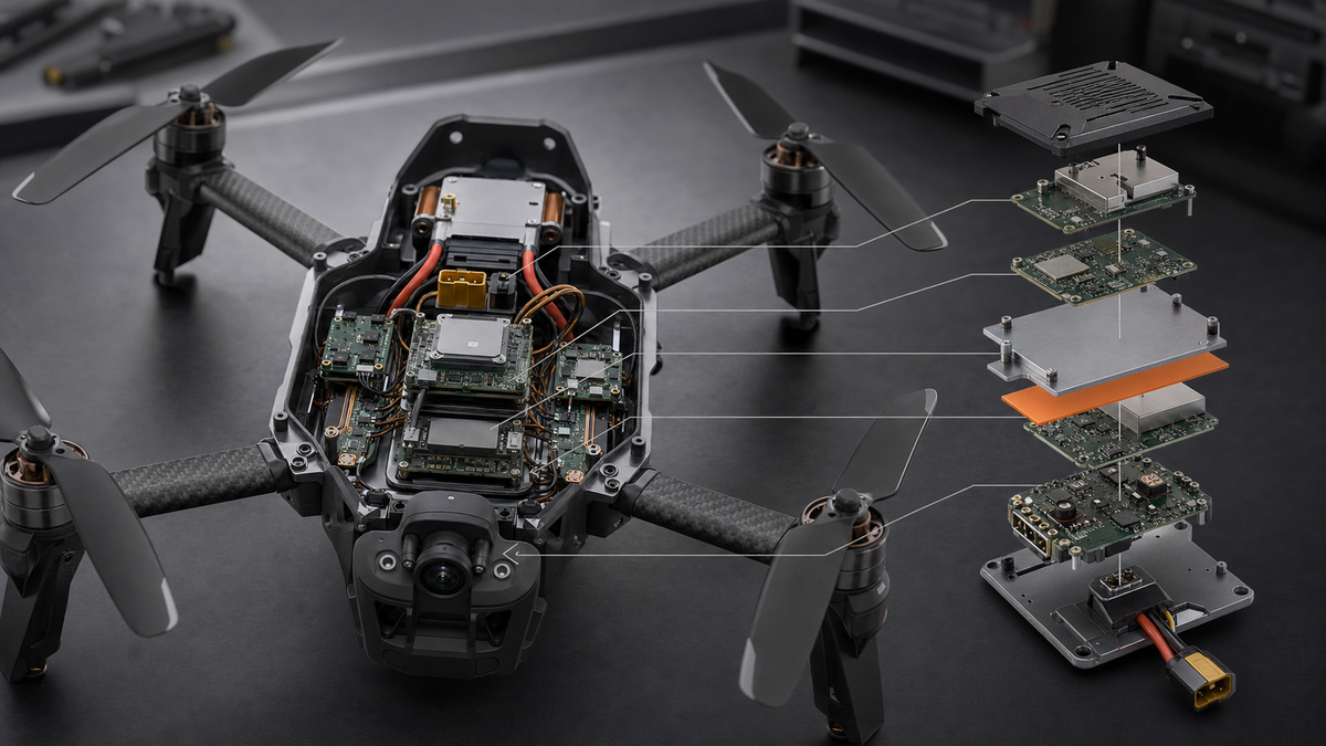 Conceptual UAV showing flight controller, companion computer and power electronics interfaces
