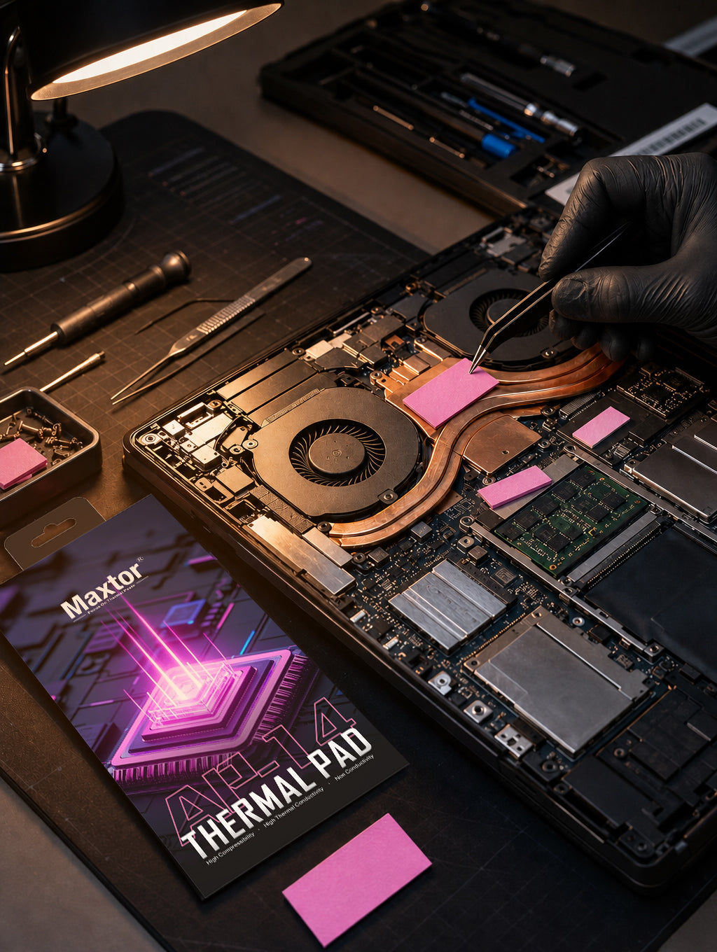 Thermal pad installation on a laptop cooling assembly