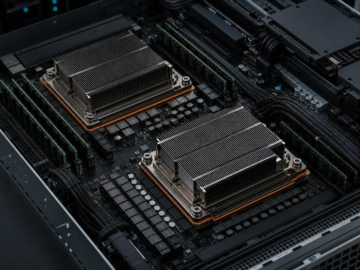 Conceptual server CPU and heatsink interface scene.