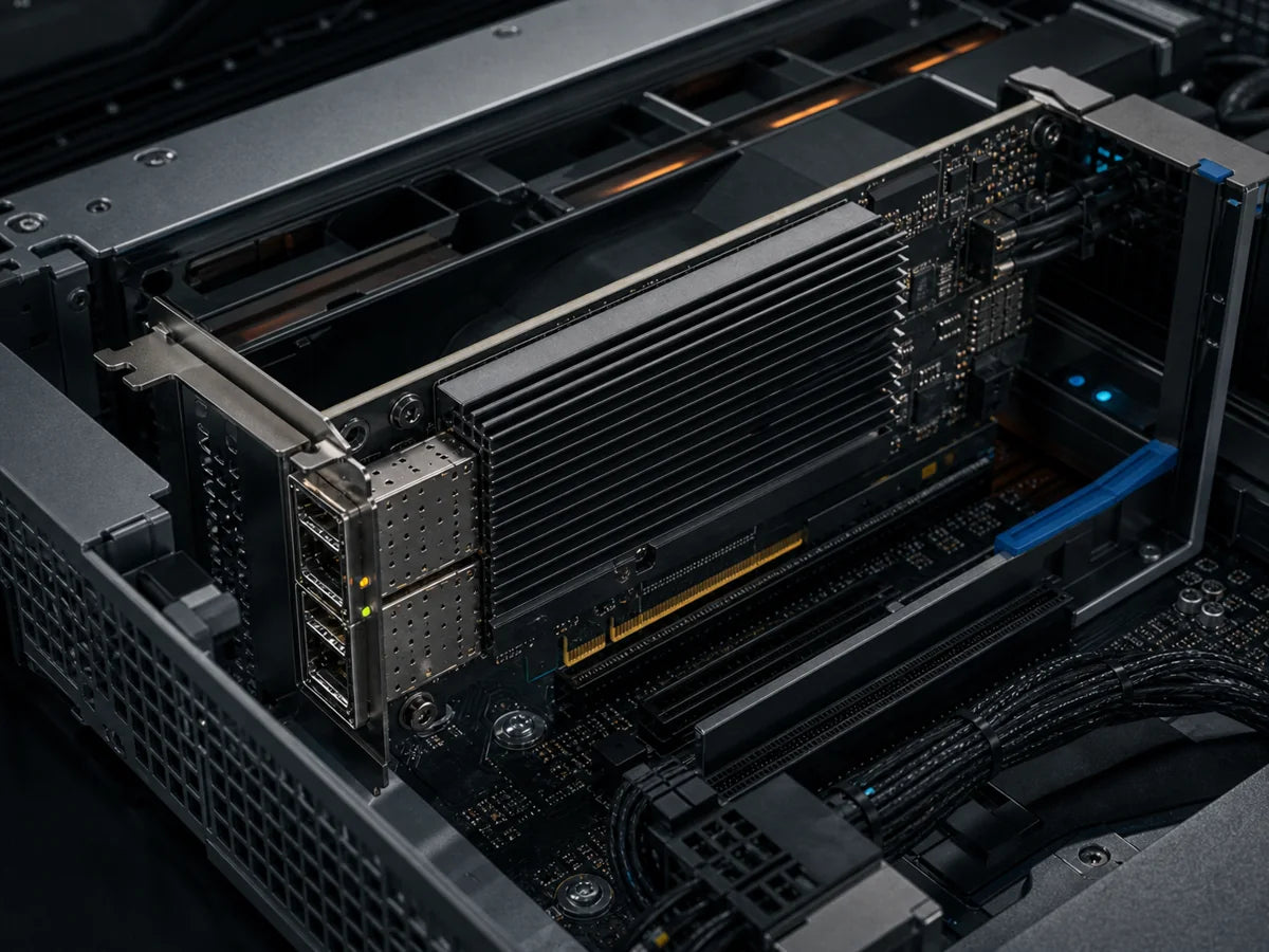 Conceptual server network and data processing card scene.